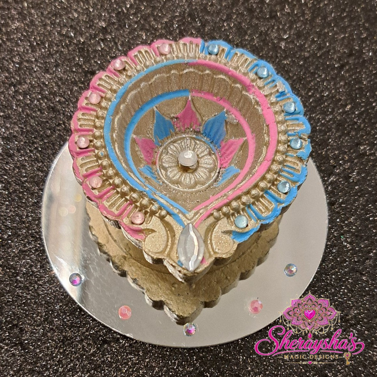 Diya op spiegel – Pastel Roze & Blauw