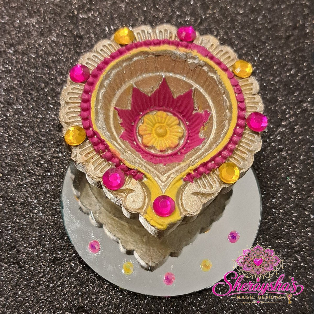Diya op spiegel – Roze & Geel