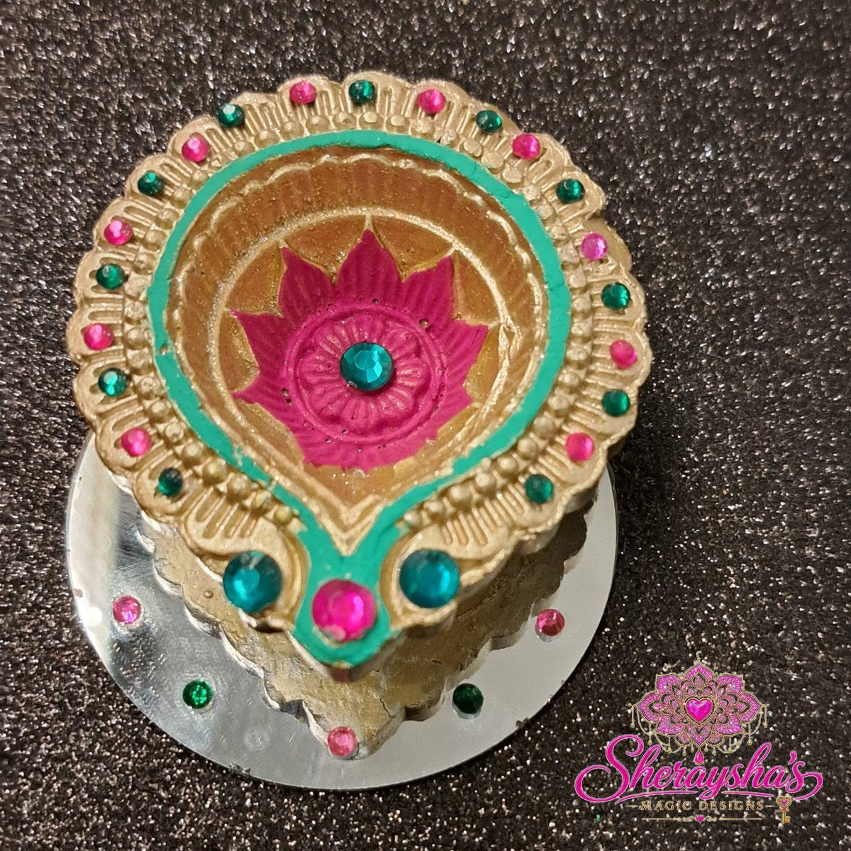 Diya op spiegel – Roze & Groen