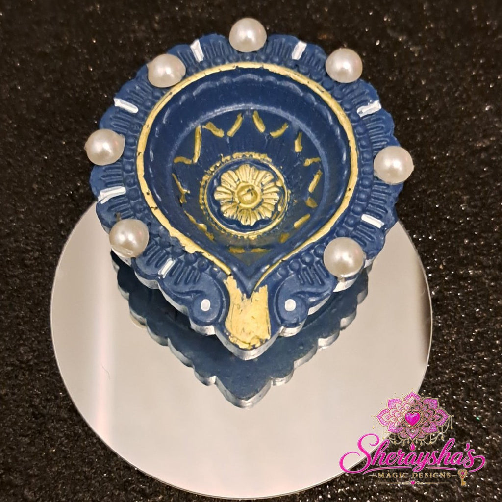 Diya op spiegel – Donkerblauw & Parels