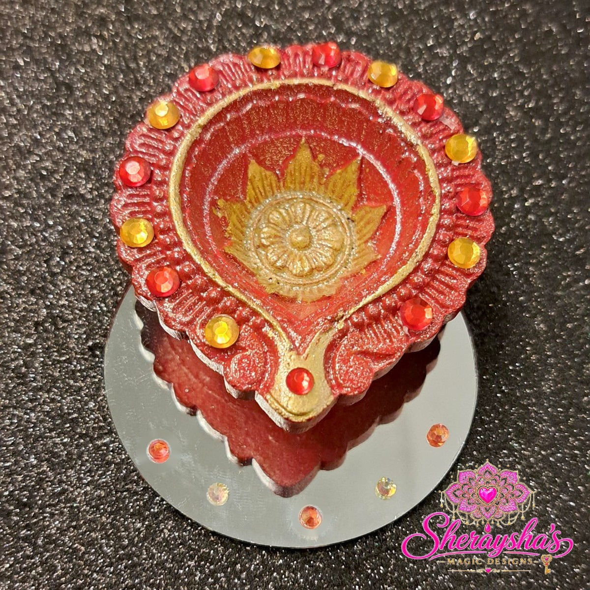 Diya op spiegel – Rood & Goud