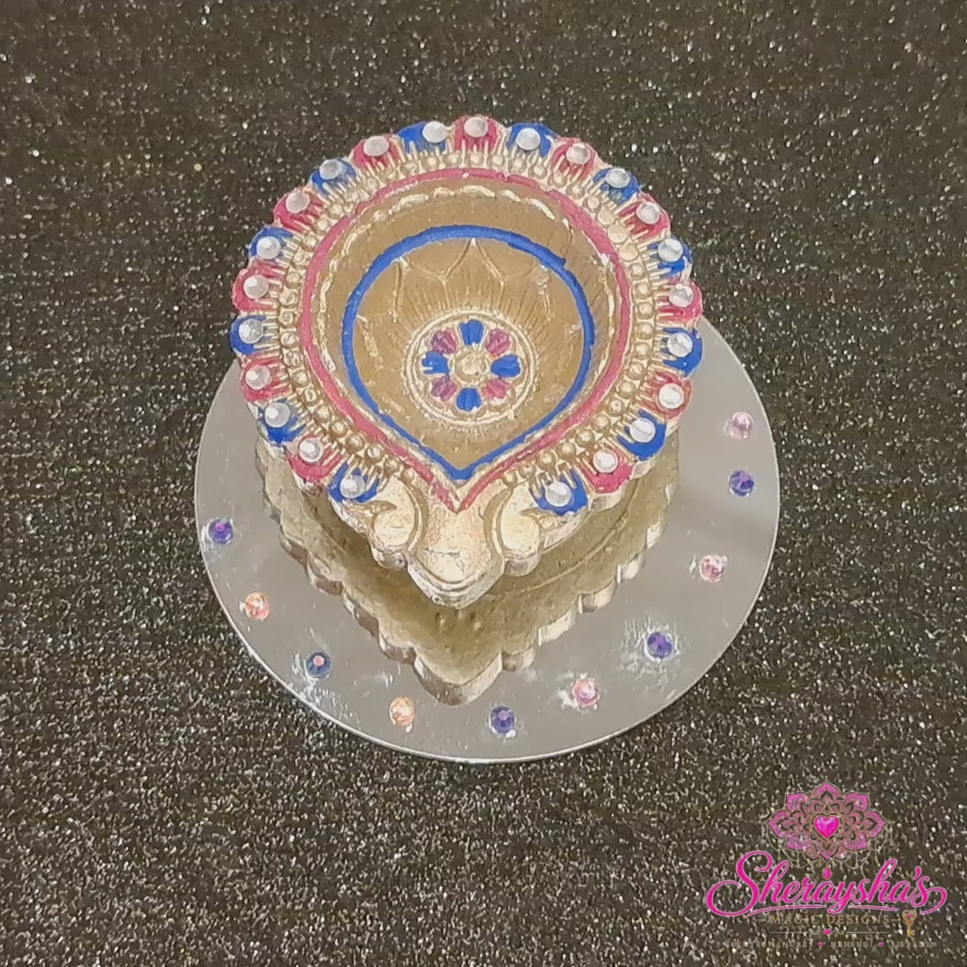 Diya op spiegel – Goud, Roze & Blauw