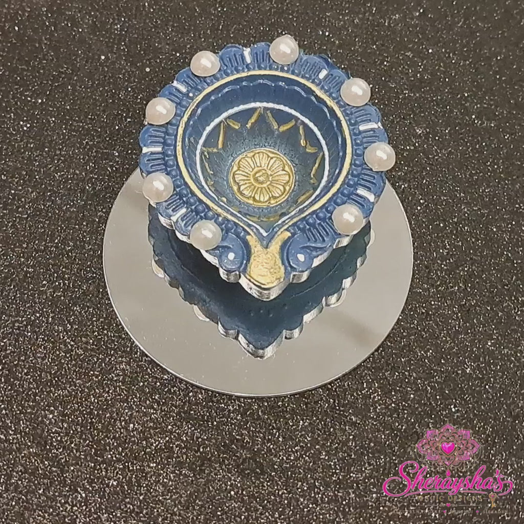 Diya op spiegel – Donkerblauw & Parels